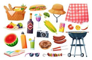 Collection of picnic elements. Basket with food, beverage, fruits, grilling equipment vector illustration