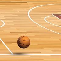 realistic ball for basketball flies in line of wooden parquet court. World tournament. Sport equipment. Background for design sport competitions. Vector