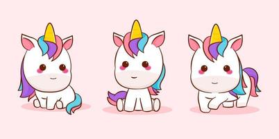 conjunto de dibujos animados lindo unicornio de colección. personaje de diseño animal kawai. pony pegasus ilustración de arte vectorial. diseño de concepto animal aislado en un fondo blanco. vector