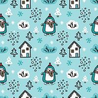 Cute pattern with a baby penguin walking in winter snowy forest vector