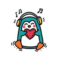 pequeño pingüino lindo con el corazón rojo en sus manos escuchando música en los auriculares vector