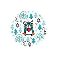 lindo bebé pingüino cantando y bailando en un bosque nevado vector