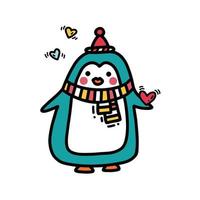Cute little penguin boy holds colorful hearts. Vector illustration
