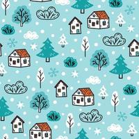 Winter seamless pattern with tiny houses, snowy trees, snowflakes vector