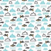 Simple childish vector pattern with fishes and icebergs