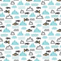 Simple childish vector pattern with fishes and icebergs