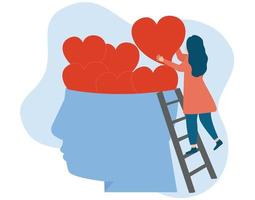 Mental health and love concept. A girl or woman fills a human head with hearts and positive emotions. illustration of World mental health day, psychological therapy and treatment. Vector stock