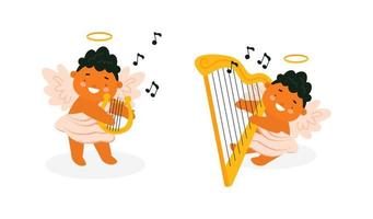Cute baby Cupids playing lyre and harp. Baby angel character performance set. Vector illustration for St. Valentine's Day card, print, kids products design.