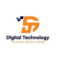 vector premium de logotipo de tecnología digital dt en color azul oscuro y naranja