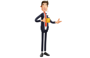 3D illustration. 3D office worker Cartoon Character talking. Handsome office worker holding glass of drink puffing smoke. Smiling office worker. 3D Cartoon Character png