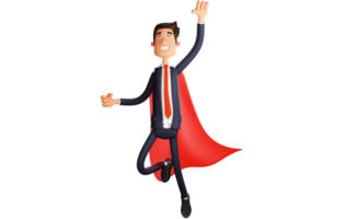 3D illustration. Cute 3D office worker Cartoon Character. The office worker wears a red cape on his back. Office worker smiles cutely and poses for flying. 3D Cartoon Character png