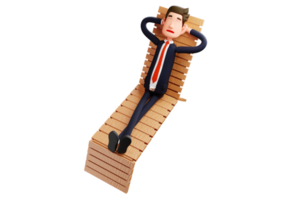 3D-Darstellung. müder büroangestellter 3d-zeichentrickfigur. Arbeiterkarikatur, die auf einem langen braunen Stuhl schläft. Junge Arbeiter tragen immer noch Anzüge und rote Krawatten. 3D-Zeichentrickfigur png