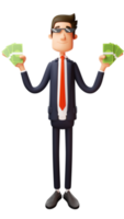 3D illustration. Rich young businessman 3D Cartoon Character. Young businessman wearing sunglasses happily. Young businessman holding a lot of money in both hands. 3D Cartoon Character png