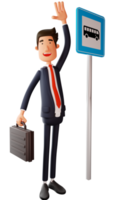 ilustración 3d Personaje de dibujos animados en 3d de oficinista de pie en la parada de autobús. dibujos animados de trabajadores de pie junto a la señal de parada de autobús. caricatura de trabajador llevando una maleta y saludando. personaje de dibujos animados en 3d png