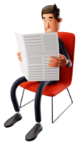 3D illustration. 3D young businessman Cartoon character relaxing. Young businessman sitting in red chair. Young businessman reading newspaper casually. 3D Cartoon Character png