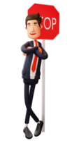 3D illustration. Relaxed office worker 3D Cartoon Character. Office worker smiling and standing leaning against traffic sign. 3D Cartoon Character png