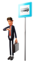 3D illustration. Handsome office worker 3D Cartoon Character. Diligent office workers are standing at bus stops and carrying chores. Worker cartoon looking at watch 3D Cartoon Character png