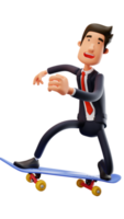 Illustration 3D. joyeux employé de bureau personnage de dessin animé 3d. employés de bureau souriants et skateboard. personnage de dessin animé 3D png