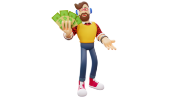 3D illustration. Rich 3D Man Cartoon Character. Rich young man is happy. Rich man holding lots of money and showing it while smiling. 3D Cartoon Character png