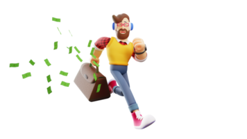 ilustración 3d joven rico personaje de dibujos animados en 3d. hombre rico caminando con una sonrisa feliz. hombre rico cargando una bolsa llena de dinero. personaje de dibujos animados en 3d png