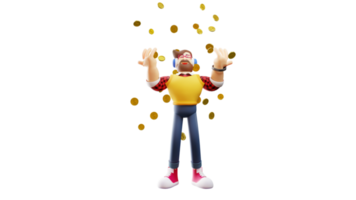ilustração 3D. jovem rico personagem de desenho animado 3d. homem rico feliz homem rico espalhando moedas de ouro. personagem de desenho animado 3d png