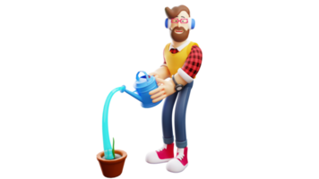 ilustração 3D. jovem diligente personagem de desenho animado 3d. jovem regando plantas em vasos. jovem sorridente feliz realizando suas atividades. personagem de desenho animado 3d png