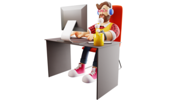 Illustration 3D. personnage de dessin animé 3d de jeune homme diligent. jeune homme diligent assis devant l'ordinateur. les jeunes travaillent avec plaisir. personnage de dessin animé 3D png