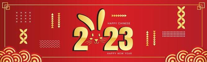 Happy Chinese New Year 2023 banner, gold numbers on red background and geometric ornament. Chinese calendar for the year of the rabbit 2023 rabbit vector