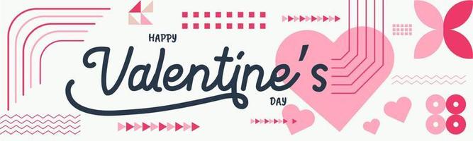 Happy Valentines day typography banner design with geometric pink theme background. Valentine design with heart shaped icon. February 14th. Vector illustration on a white background