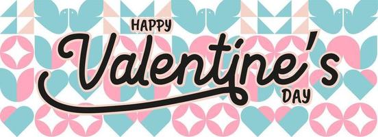 Happy Valentine's Day typography banner with handwritten calligraphic text, geometric background. Valentine design with heart shaped icon. February 14th. Vector illustration