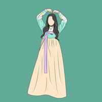 vector illustration of a beautiful woman wearing traditional Korean clothes, with the symbol of love or Saranghae