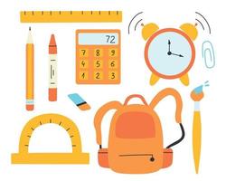 Set of school elements. Back to school. End of school collection. Vector illustration. Flat hand drawn style. Backpack, calculator, alarm clock, pencil, ruler, protractor, brush.