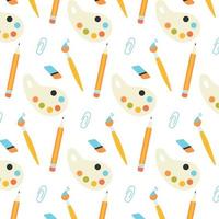 School seamless pattern. Pattern with paint, brush, palette and eraser. Vector illustration. Flat hand drawn style. Back to school. End of school.