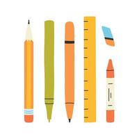 Set of school items. Vector illustration. Flat hand drawn style. Collection of school elements. Back to school. Pen, pencil, eraser, ruler, crayon.