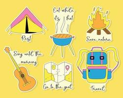 A set of stickers for camping and hiking in y2k style. Travel stickers collection. Vector illustration. Retro style.