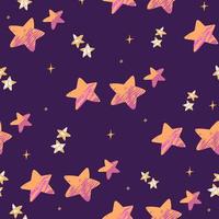 colorido patrón de espacio dibujado a mano con lindas estrellas de dibujos animados sobre fondo púrpura, patrón sin costuras vector