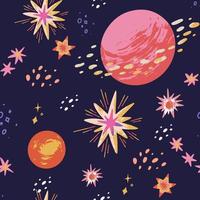 Colorful hand-drawn space pattern with stars and planets vector