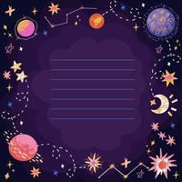 colorful hand-drawn vector card space template with planets, stars,  comets, constellations