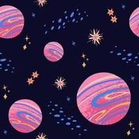 Colorful hand-drawn space pattern with  pink planets and stars vector