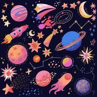 Set of hand-drawn space elements, planets, stars, comets, constellations vector