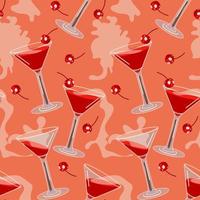 A pattern of several cherry martini cocktails for Valentine's Day. A glass glass with cherries and smoke from cold ice. An illustration for a party on an abstract background. Vector illustration.