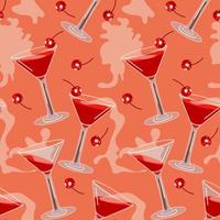 A pattern of several cherry martini cocktails for Valentine's Day. A glass glass with cherries and smoke from cold ice. An illustration for a party on an abstract background. Vector illustration.