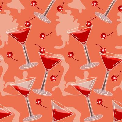 A pattern of several cherry martini cocktails for Valentine's Day. A glass glass with cherries and smoke from cold ice. An illustration for a party on an abstract background. Vector illustration.