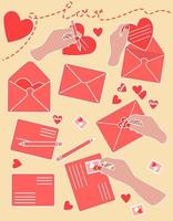 A set of postcards and envelopes with hands. Isolated handwritten postcards and envelopes with postage stamps. Packaging of postcards and letters. Modern collection of love and friendship letter desig vector