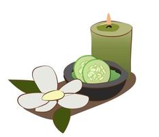 A face mask with cucumbers and scented candles, a flower in the spa. Equipment and kit for procedures and relaxation of the client, massage and skin care, care and treatment. Vector in a flat style