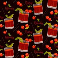 A pattern of several glasses with bloody mary on Valentine's Day. Glass glasses with tomatoes on a skewer. Background for printing on textiles and paper. Festive packaging. Vector illustration.