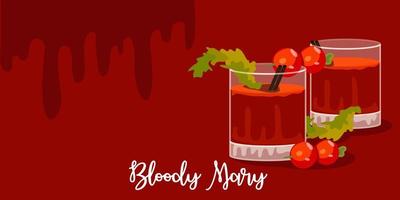 A pattern of several glasses of bloody Mary for Valentine's Day. Glass glasses with tomatoes on a skewer and celery. An illustration for a party on an abstract background. Vector illustration. banner