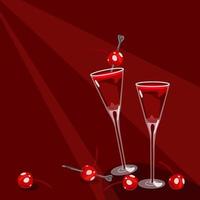 A few cocktails with cherry tincture for Valentine's Day. Glass glasses with cherries on a skewer. An illustration for a party on an abstract background. Vector illustration. Suitable for banner