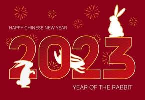 Chinese New Year greeting card with 2023 number and white rabbits, with asian pattern and fireworks on the background. Vector invitation, greeting, poster, banner for celebration events.