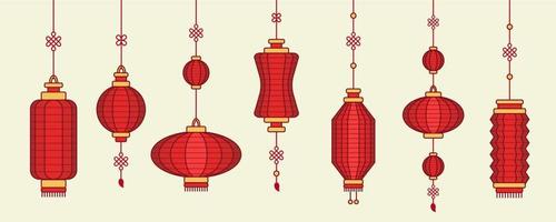 conjunto de siete farolillos chinos, farolillos de papel rojo, objetos de cultura oriental, elementos vectoriales, decoraciones navideñas. vector